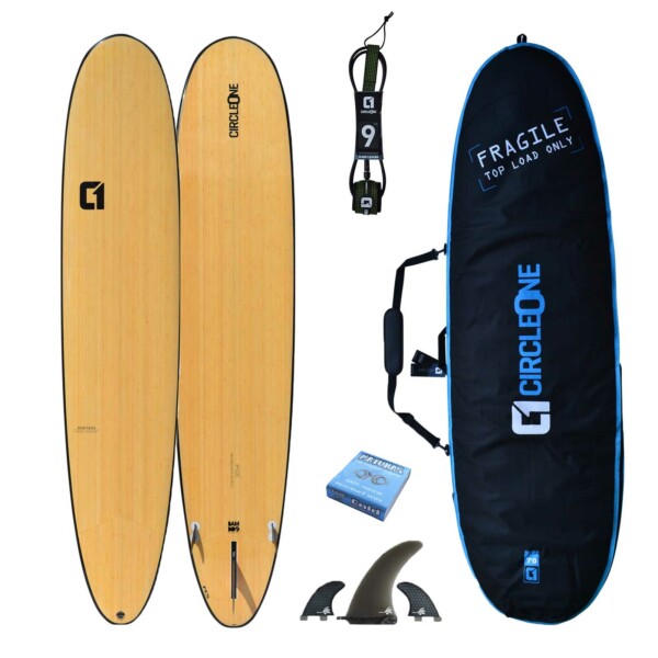 7' 2" Bamboo Round Tail Mini Mal Surfboard Package - Includes Bag, Leash, Fins & Wax