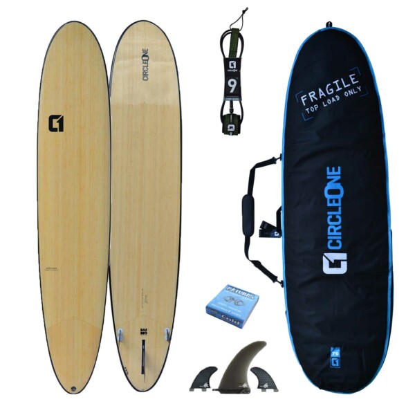 7' 2" Bamboo Round Tail Mini Mal Surfboard Package - Includes Bag, Leash, Fins & Wax