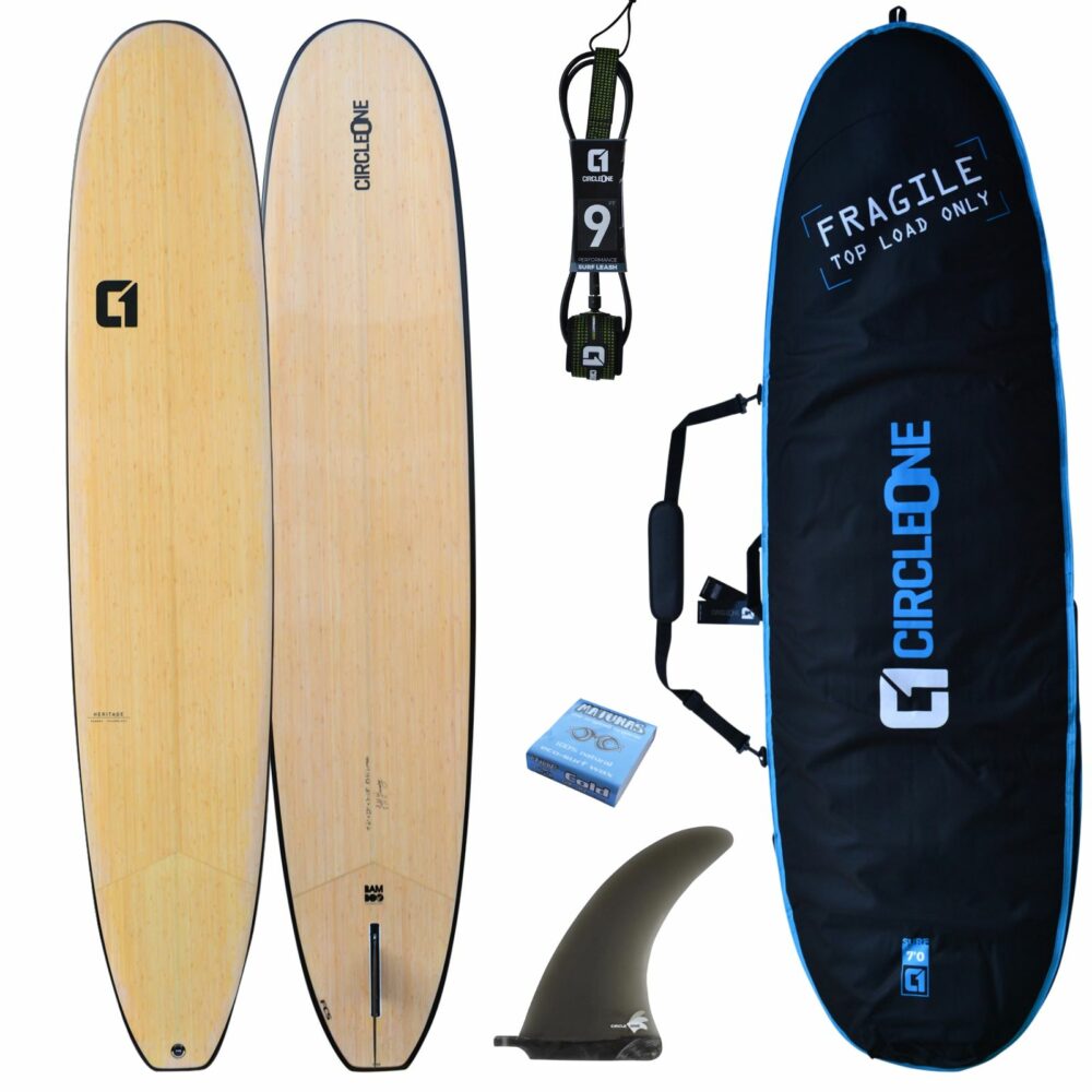 9' 6" Bamboo Noserider Longboard Package. Includes Bag, Leash, Fins & Wax